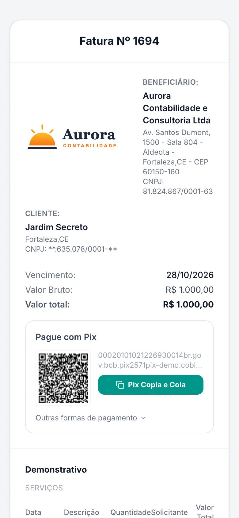 Fatura do Coblink aberta no celular, com logo da empresa e botão Pix copia e cola