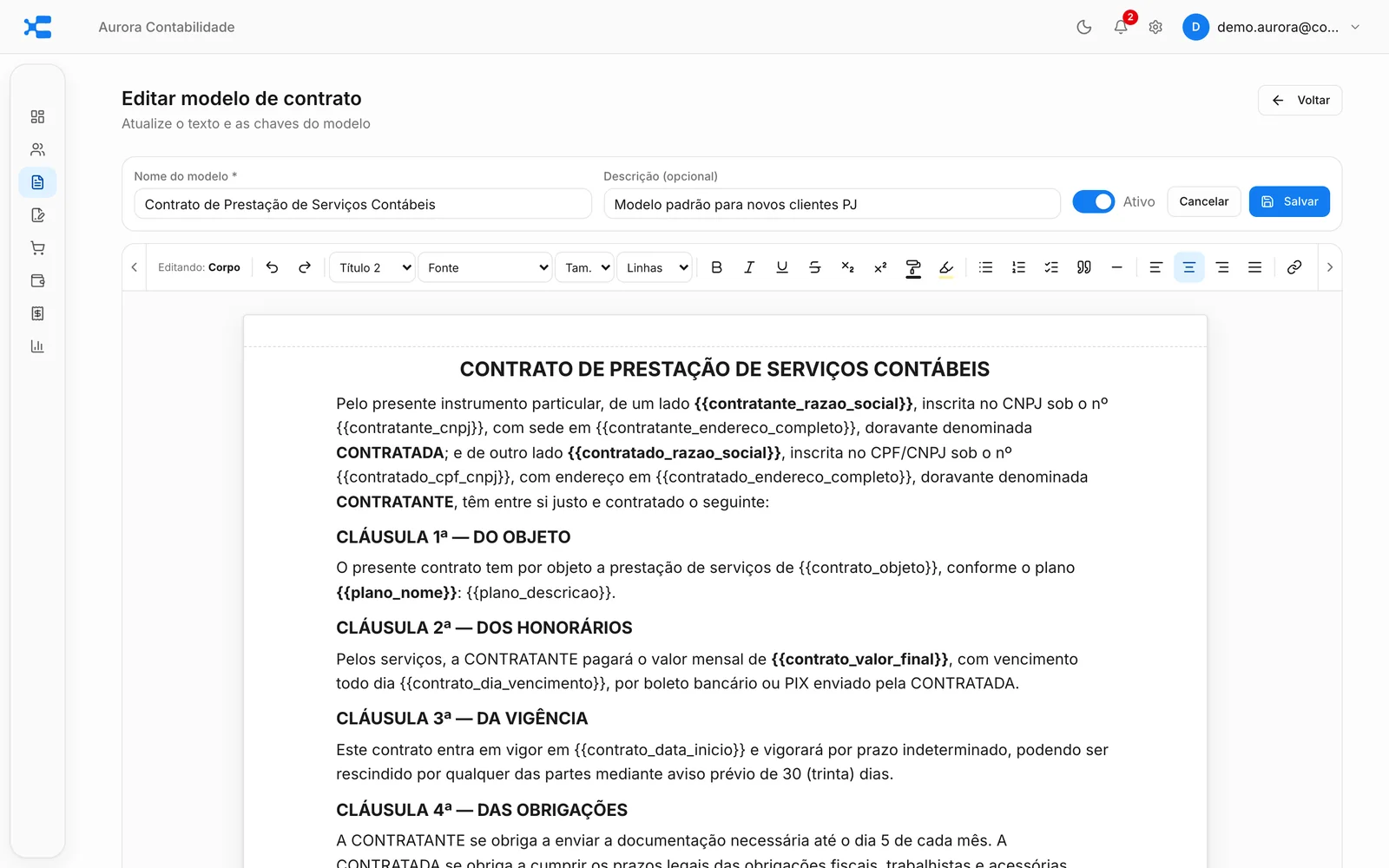 Editor de modelo de contrato com chaves de preenchimento automático